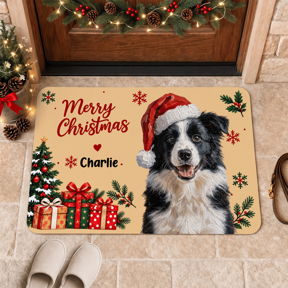 Personalised Christmas Oil Painting Style Cartoon Pet Photo Non-Slip Doormat with Name Christmas Holiday Party Gift for Pet Owners 3