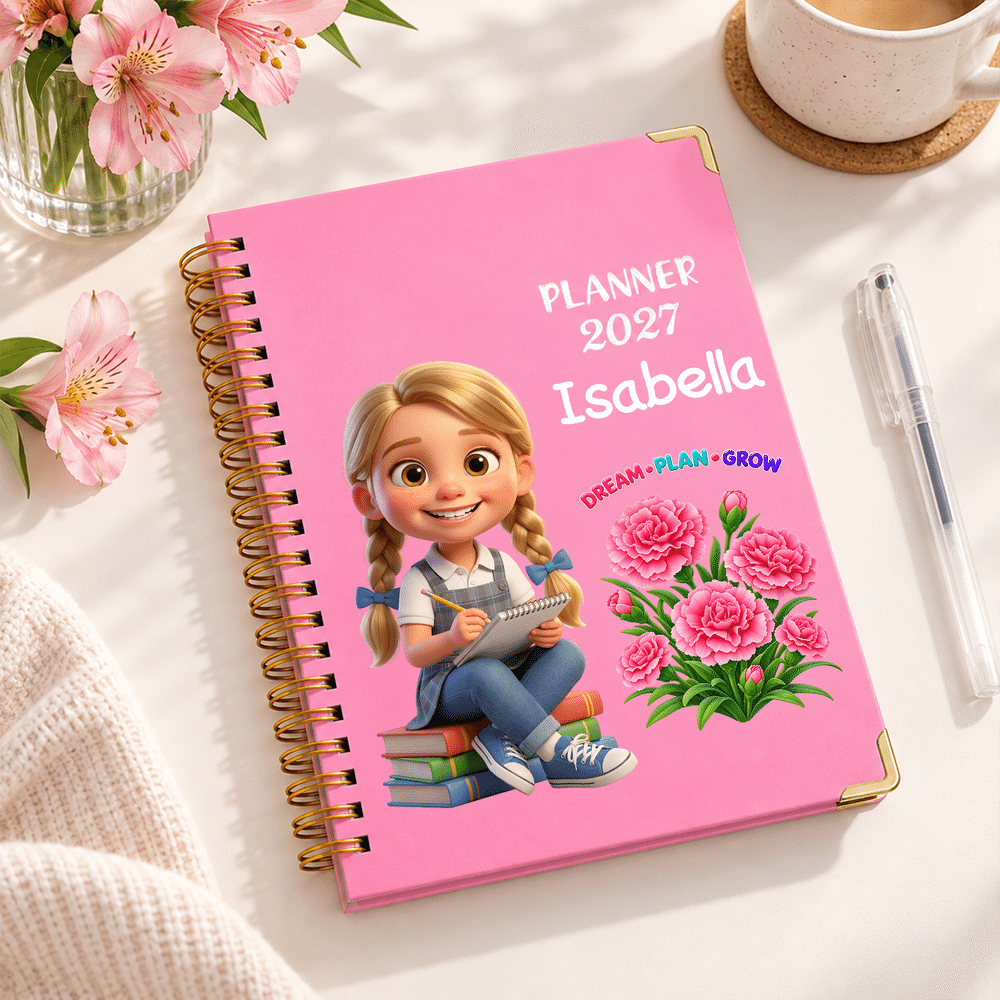Personalized 3D-Effect Artwork Birth Flower Cartoon Character Photo 2027 Planner A5 Notebook with Name Birthday Office Gift for Students Art Workers 2