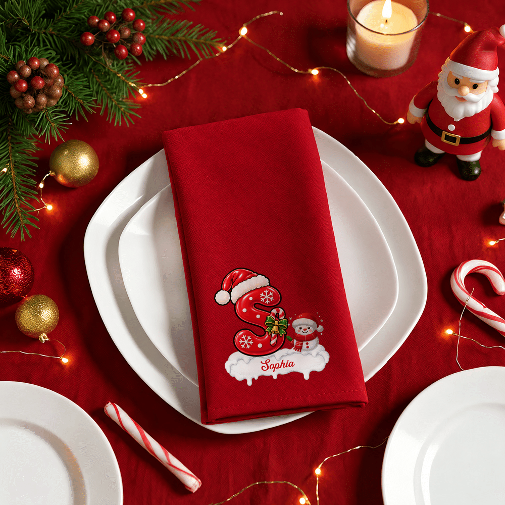 Personalized Snowman & Christmas Initial Cotton Red Christmas Napkin with Name Table Decor Christmas Gift for Family Friends 4
