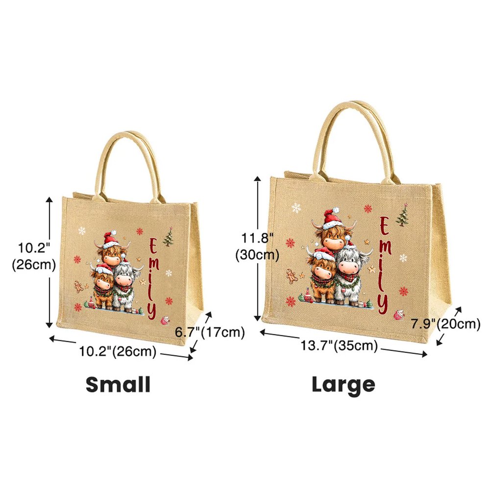 Personalized Christmas Highland Cow Snowflake Large Jute Tote Bag with Name Christmas Party Gift for Kids Family Friends 8
