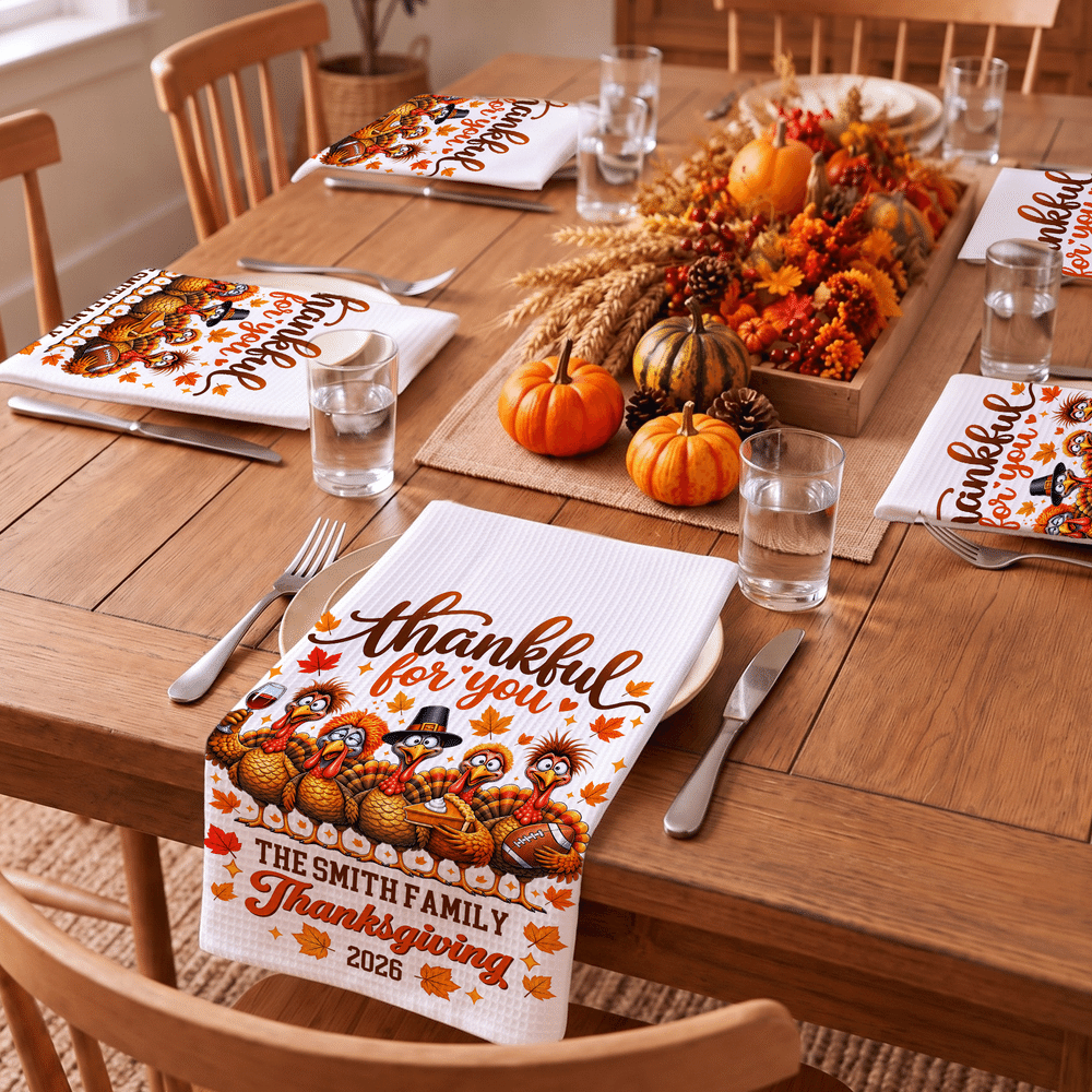 Personalized Thanksgiving Turkey Pumpkin Pattern Super Absorbent Tea Towel with Text and Year Thanksgiving Day Housewarming Gift for Family Friend 6