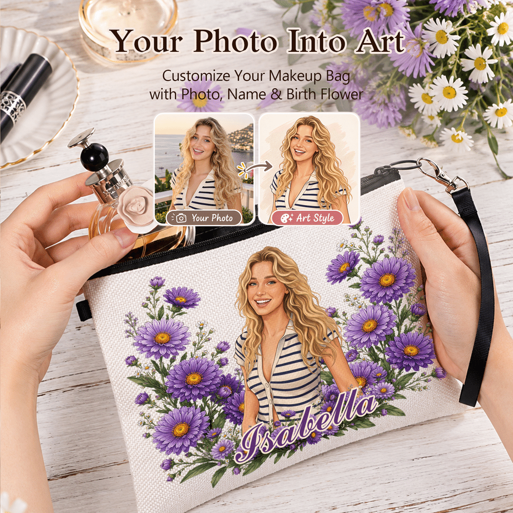Personalized Birth Flower Portrait Linen Makeup Bag with Name Travel Accessory  Birthday Christmas Gift for Women Friends 2
