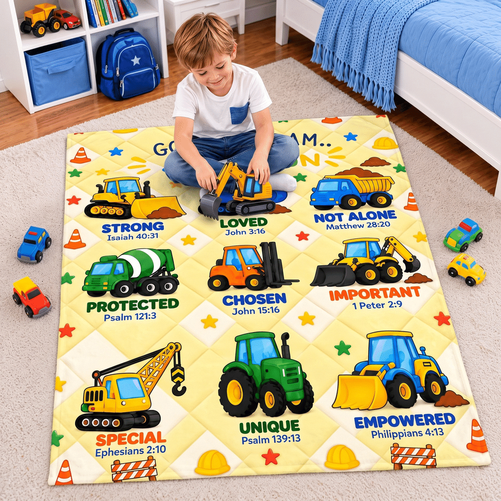 Personalised Multicolour Construction Vehicle & Bible Verse Soft Throw Blanket with Name Home Decor Christmas Gift for Kid Lorry Lover Christian 2