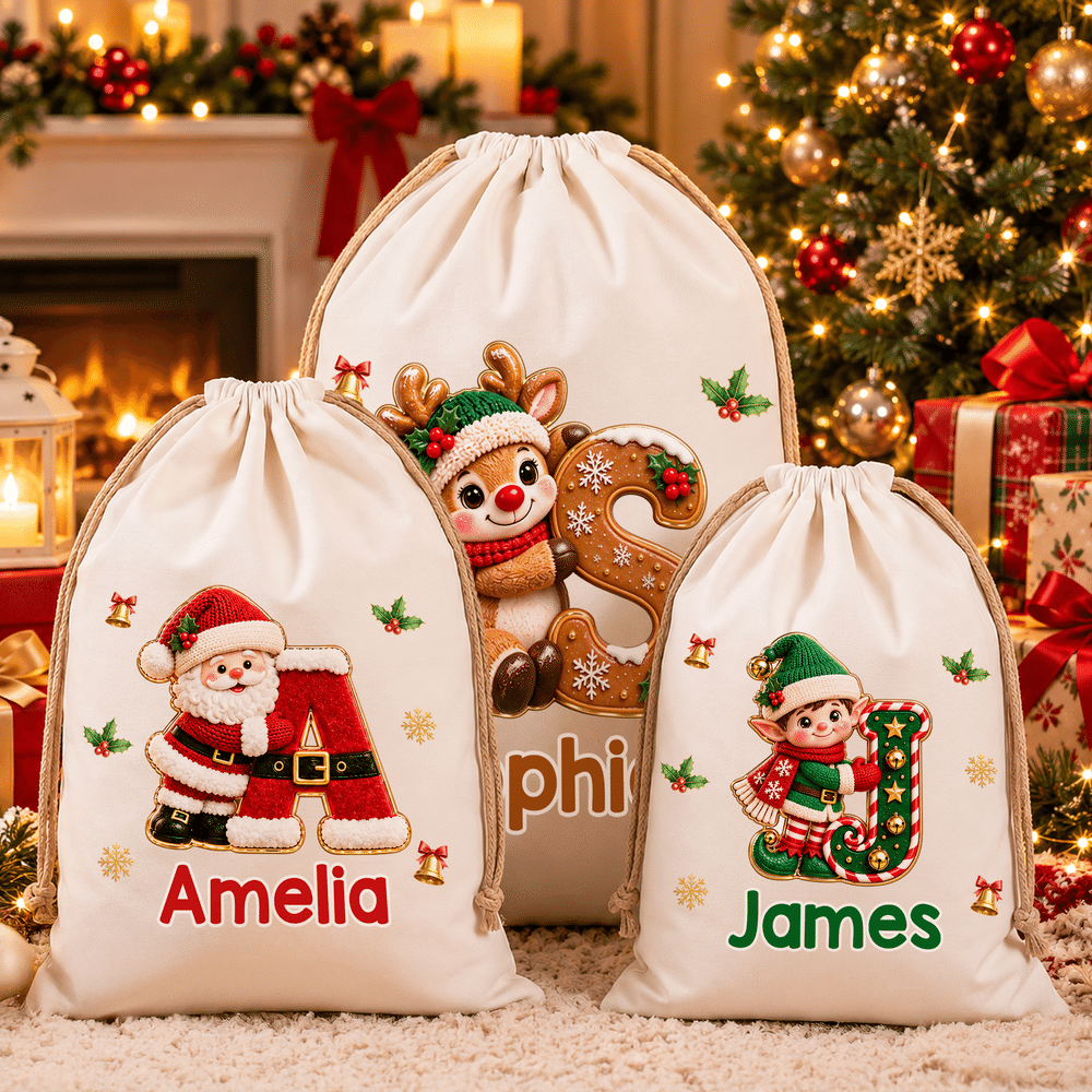 Personalized 3D-Style Artwork Christmas Theme Initial Large Canvas Drawstring Gift Bag with Name Christmas Party Holiday Gift for Kid Family 4