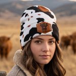 Personalisierte Kuhflecken Beanie mit Hochlandrindmotiv & Namen | Strickmütze | Winteraccessoire | Geburtstags- & Weihnachtsgeschenk für Tierliebhaber 1