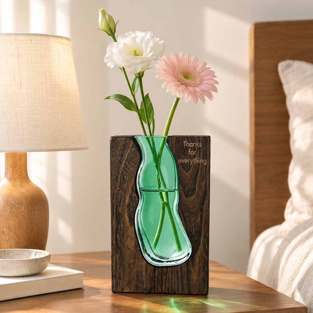Gepersonaliseerde, artistieke vaas van groen, golvend glas met houtnerfmotief en gegraveerde naam – woondecoratie, cadeau voor een jubileum of verjaardag voor mama of oma 3