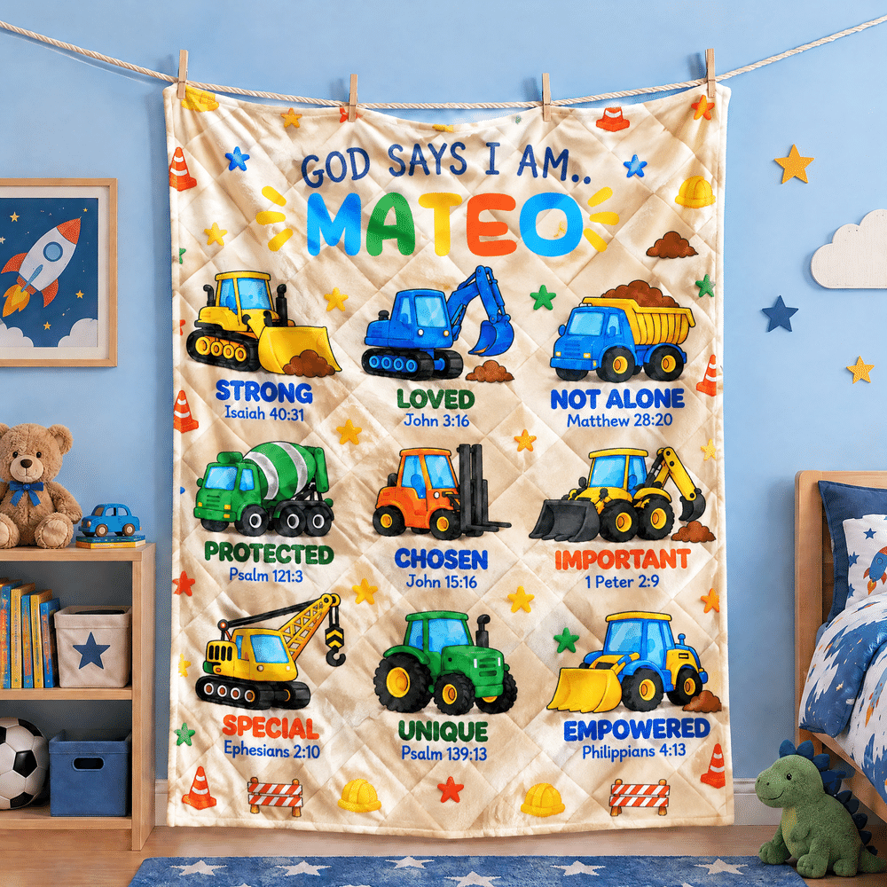 Personalised Multicolour Construction Vehicle & Bible Verse Soft Throw Blanket with Name Home Decor Christmas Gift for Kid Lorry Lover Christian 6