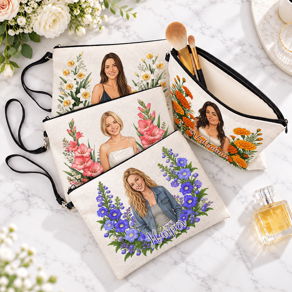 Personalized Birth Flower Portrait Linen Makeup Bag with Name Travel Accessory  Birthday Christmas Gift for Women Friends 6