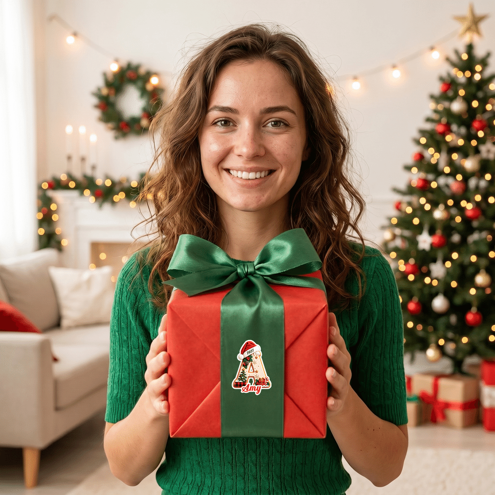 Pegatinas personalizadas para el árbol de Navidad con gorro de Papá Noel, copos de nieve e iniciales, con nombre y año. Decoración para regalos y fiestas navideñas. Regalo para niños, familiares y amigos. 4