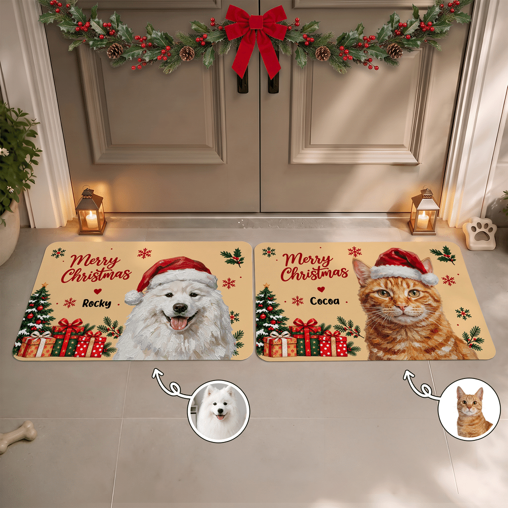 Personalised Christmas Oil Painting Style Cartoon Pet Photo Non-Slip Doormat with Name Christmas Holiday Party Gift for Pet Owners 2