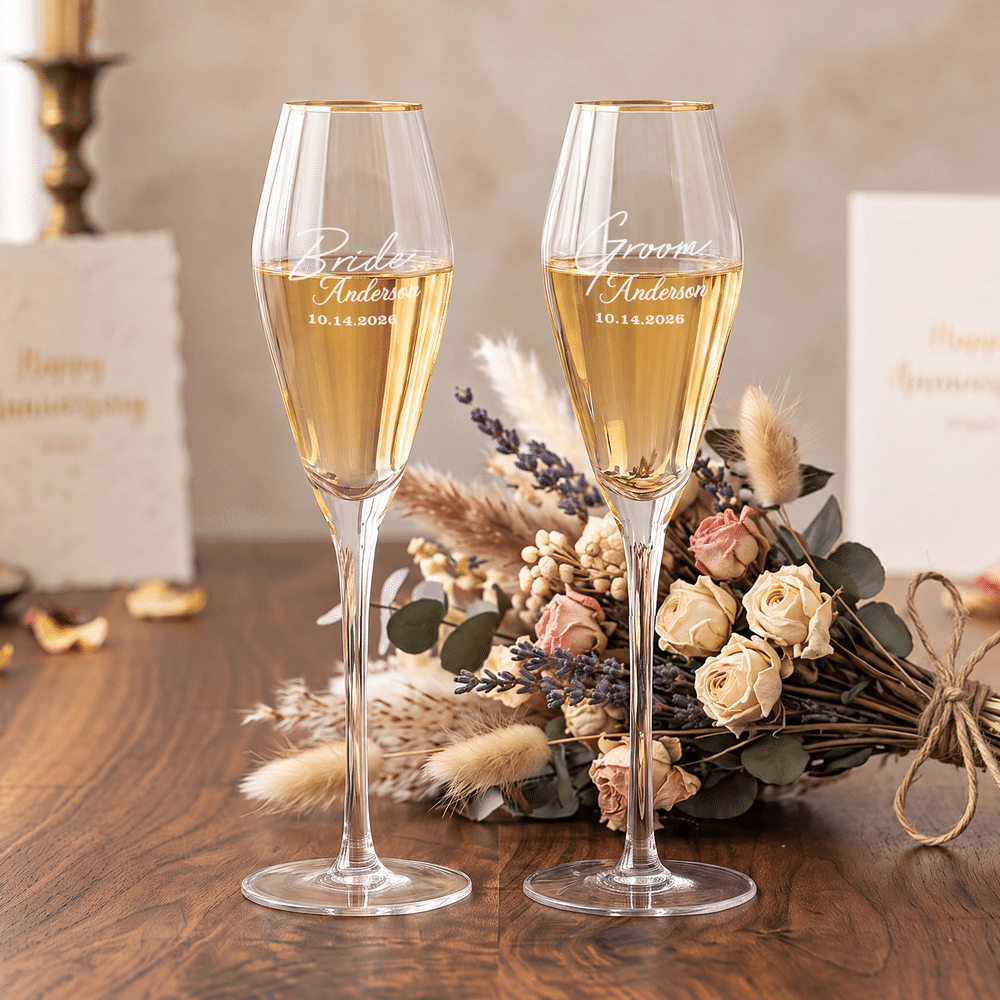 Personalized Elegant Gold Rim Set of 2 Champagne Flutes Wooden Keepsake Box with Engraved Names and Date Wedding Gift for Newlyweds 4