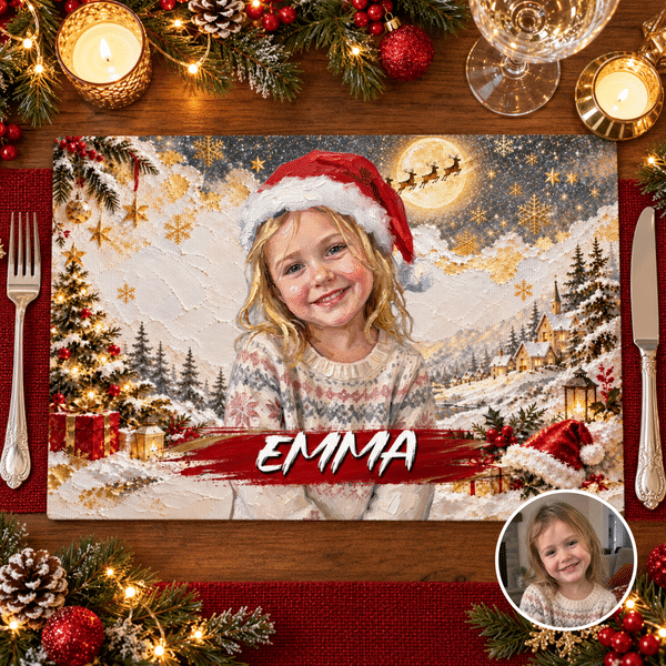 Personalized Christmas Theme Oil Painting Style Character Photo Placemat with Name Kitchen Dining Decor Christmas Gift for Friends Family