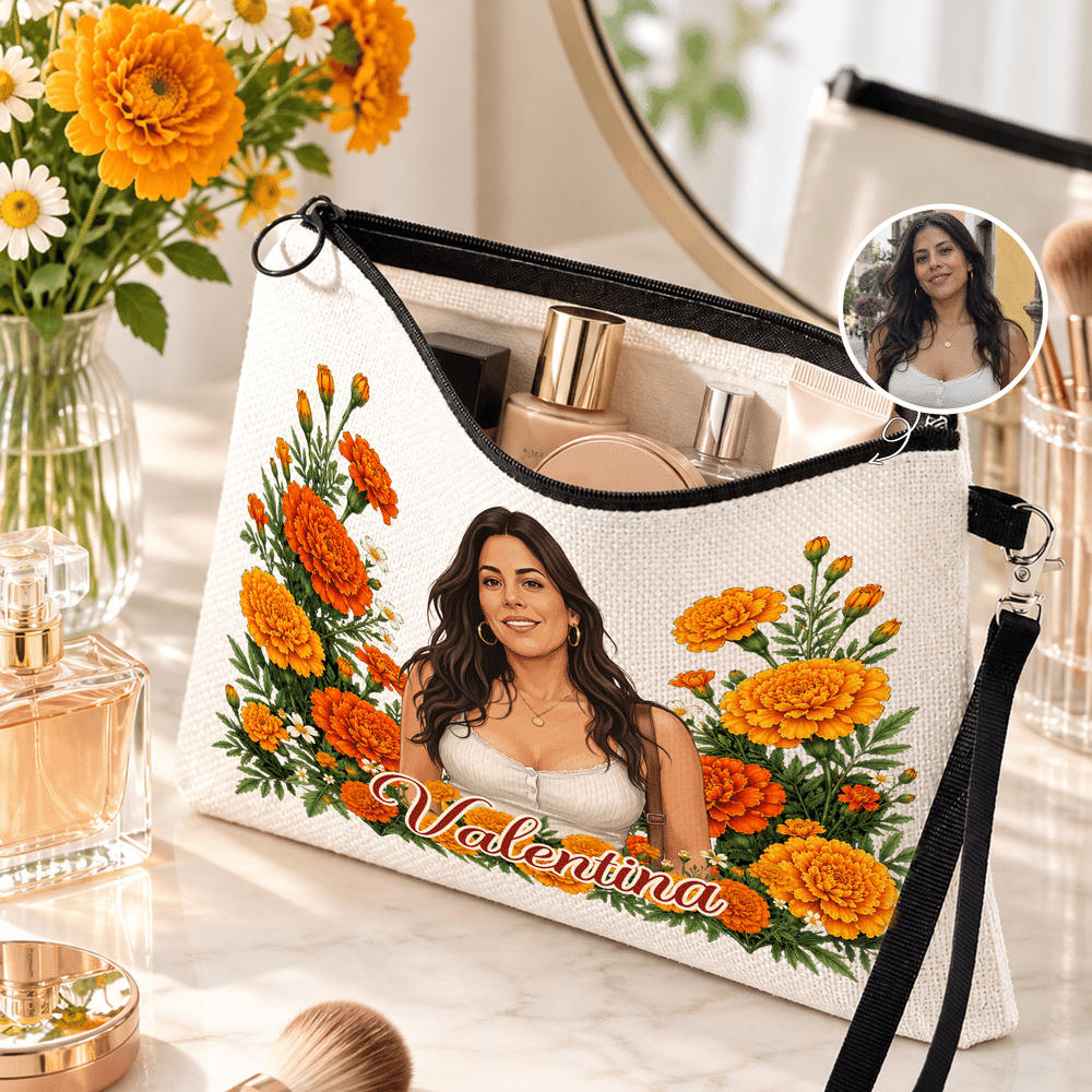 Personalized Birth Flower Portrait Linen Makeup Bag with Name Travel Accessory  Birthday Christmas Gift for Women Friends 4