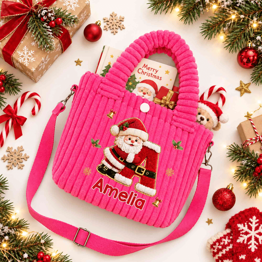 Personalized 3D-Style Art Santa Snowman Christmas Corduroy Crossbody Handbag with Name and Initial Christmas Gift for Boys Girls Family 6