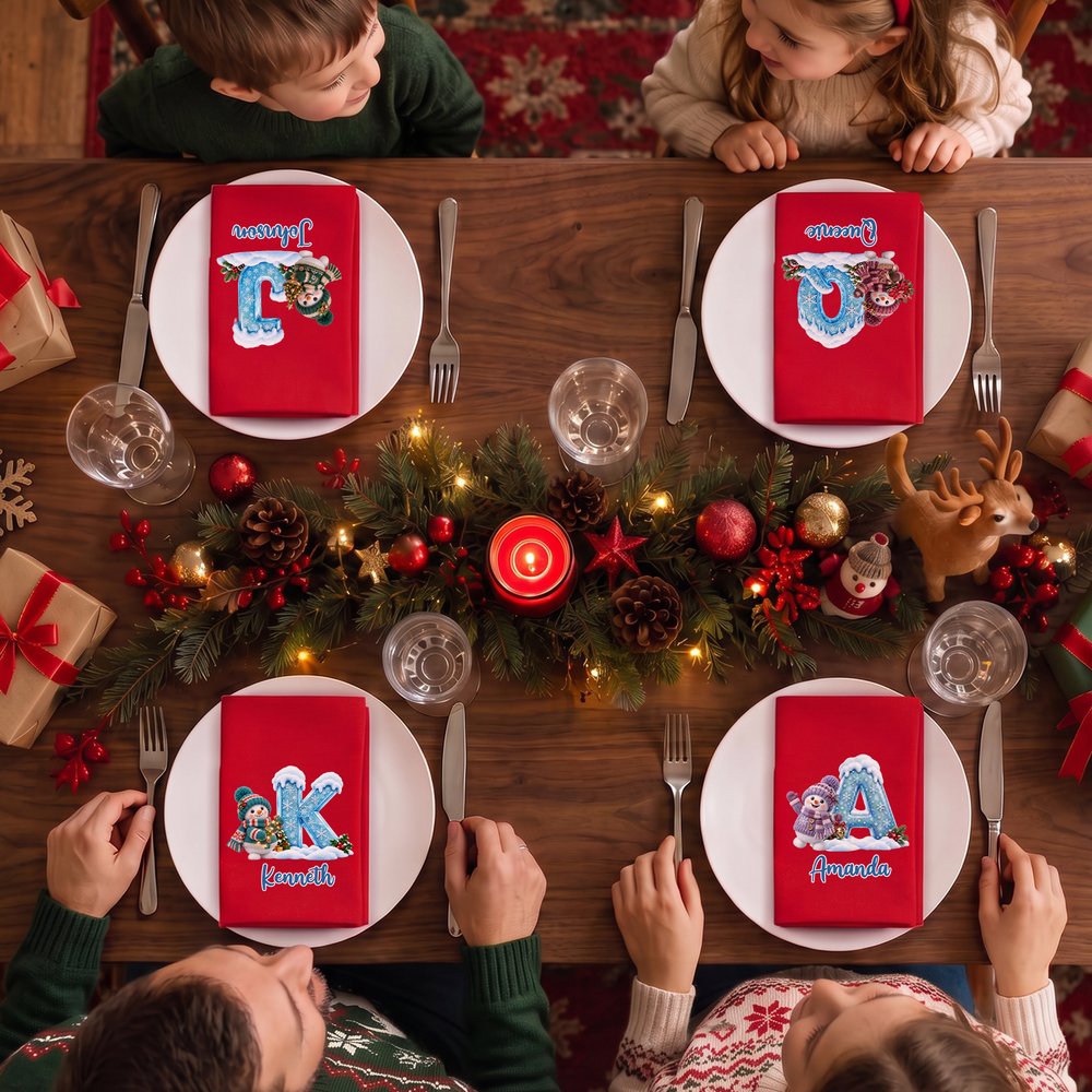 Personalized 3D-Effect Art Cute Yarn Snowman Initial 100% Cotton Red Napkin with Name Table Decor Christmas Gift for Family Friends 5