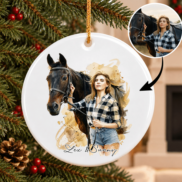 Personalized Splatter Paint Horse & Owner Photo Ceramic Ornament with Text Home Decor Christmas Family Gathering Gift for Horse Owners Lovers