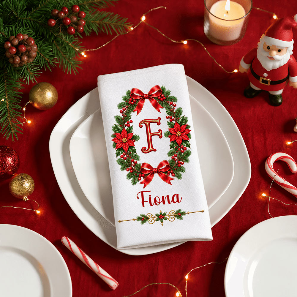 Personalized Large Christmas Wreath Initial 100% Cotton Christmas Table Napkin with Name Table Decoration Christmas Gift for Family Friend 4