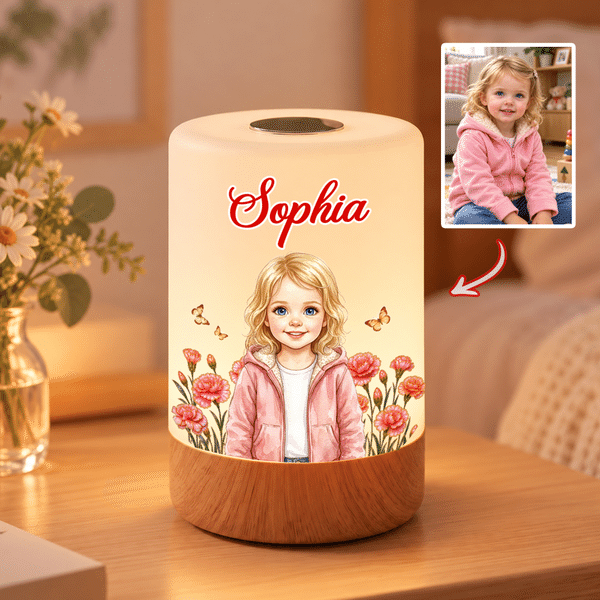 Veilleuse LED à télécommande personnalisée avec effet 3D, illustration aquarelle, personnage, fleur de naissance, photo et prénom – Cadeau d'anniversaire pour les petites filles