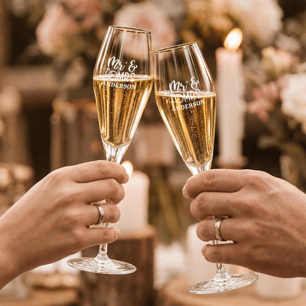 Personalized Elegant Gold Rim Set of 2 Champagne Flutes Wooden Keepsake Box with Engraved Names and Date Wedding Gift for Newlyweds 6