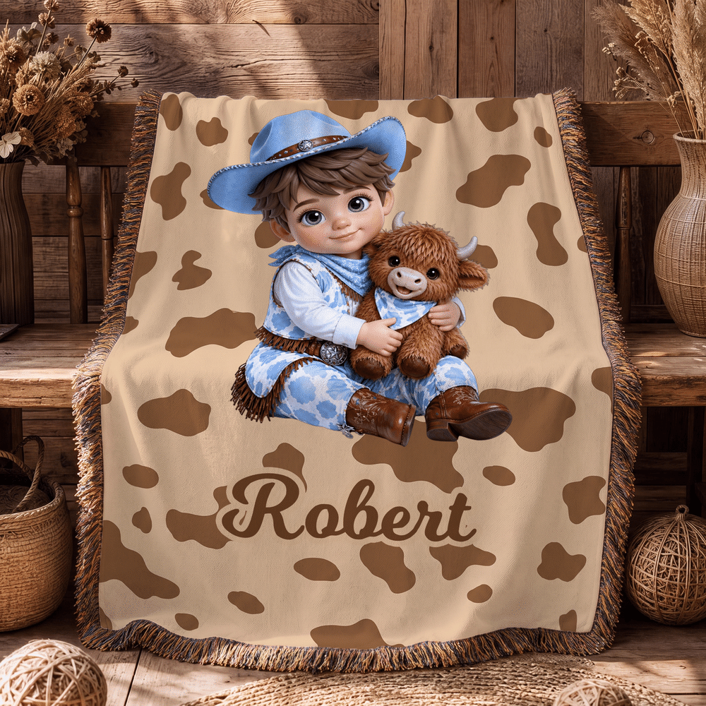 Personalized Cartoon Cowboy Cowgirl Photo Cow Print Tassel Soft Throw Blanket with Name Home Decor Birthday Christmas Gift for Boys Girls 2