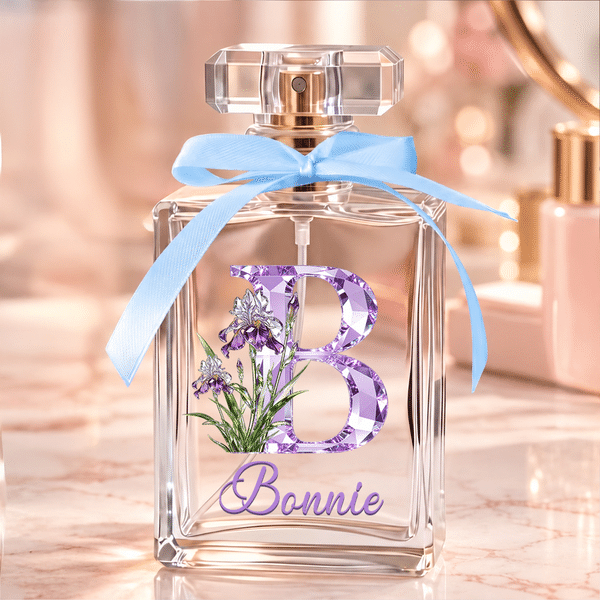 Personalized Diamond Effect Birth Flower Initial Durable Blue Bow Glass Perfume Bottle with Name Daily Use Birthday Christmas Gift for Women Girls