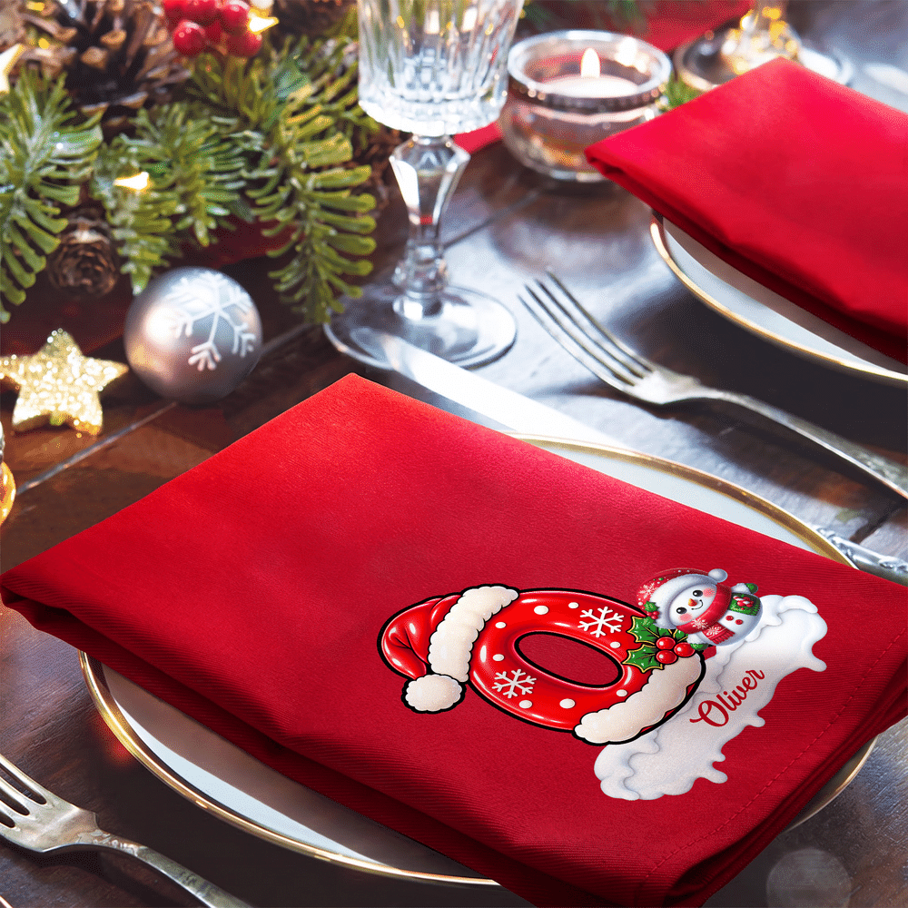 Personalized Snowman & Christmas Initial Cotton Red Christmas Napkin with Name Table Decor Christmas Gift for Family Friends 3