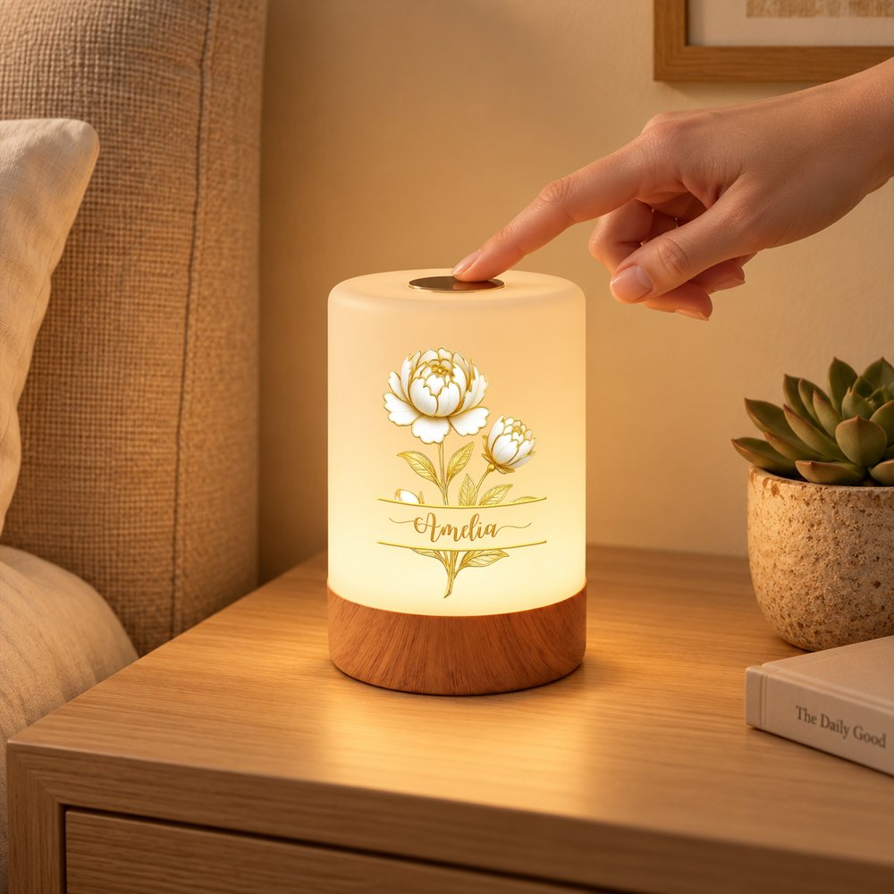 Personalised Gold-Edged Birth Flower Dimmable Touch LED Night Light with Name and Adjustable Colors Birthday Christmas Gift for Woman New Mum 2