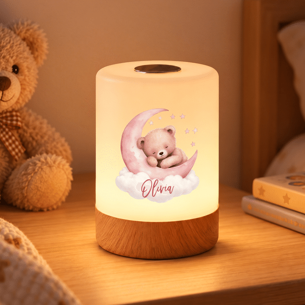 Personalised Watercolor Sleeping Bear Touch Control Rechargeable LED Light with Name Nursery Decor Birthday Christmas Gift for New Mum Newborn
