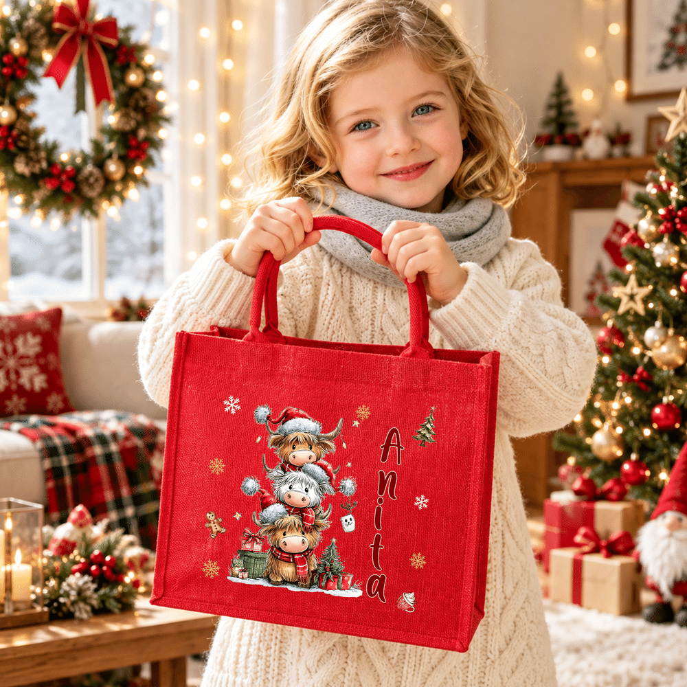 Personalized Christmas Highland Cow Snowflake Large Jute Tote Bag with Name Christmas Party Gift for Kids Family Friends 4