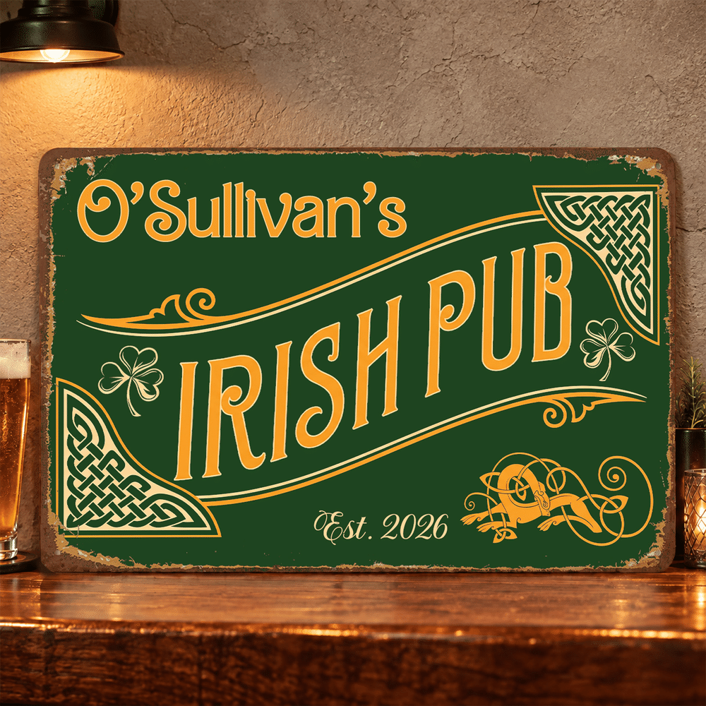 Personalised Vintage Shamrock Irish Pub Green Metal Sign with Name and Year Wall Decor Birthday Christmas Gift for Father Husband Drinker 1