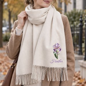 Châle ou écharpe à franges personnalisé avec nom et fleur de naissance - Doux et chaud - Cadeau de Noël et d\anniversaire pour femme