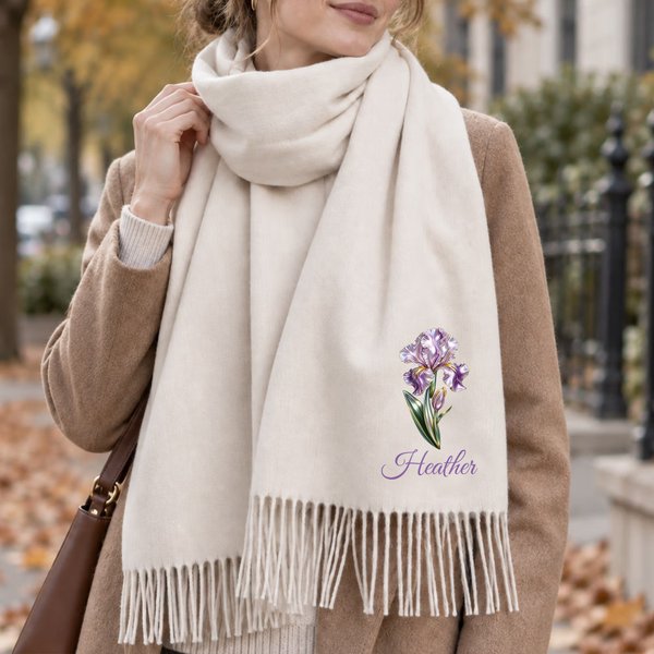 Châle ou écharpe à franges personnalisé avec nom et fleur de naissance - Doux et chaud - Cadeau de Noël et d\anniversaire pour femme