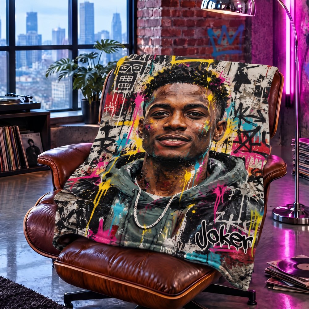 Personalized Street Graffiti Ink Splattered Art Style Photo Soft Throw Blanket with Name Birthday Christmas Gift for Family Friends 5