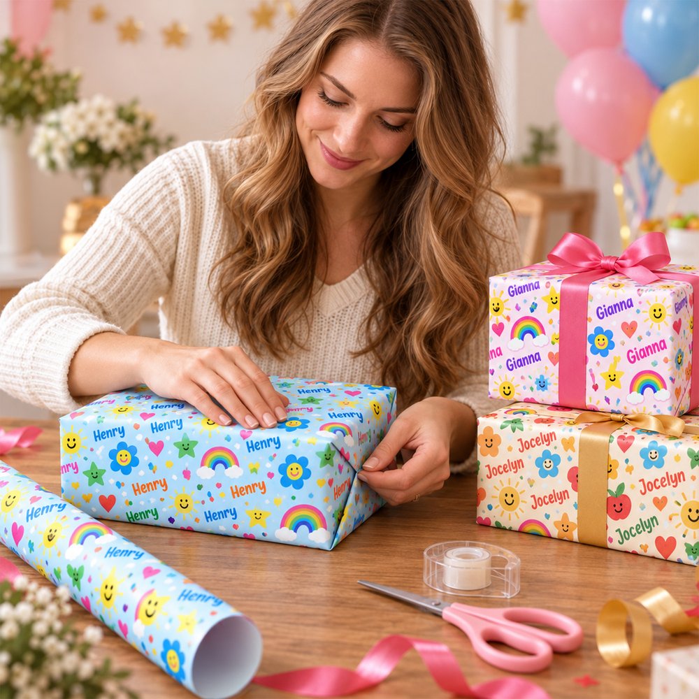 Personalized Cartoon Smiley Face Name Cloud Wrapping Paper Christmas Gift Decor Holiday Party Favor for Family Friend 6