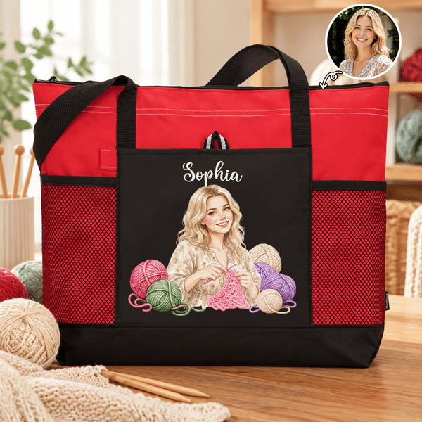 Personalised Crochet Lover Photo Large Capacity Tote Bag with Name and Mesh Pockets Birthday Christmas Gift for Knitting Crochet Lover