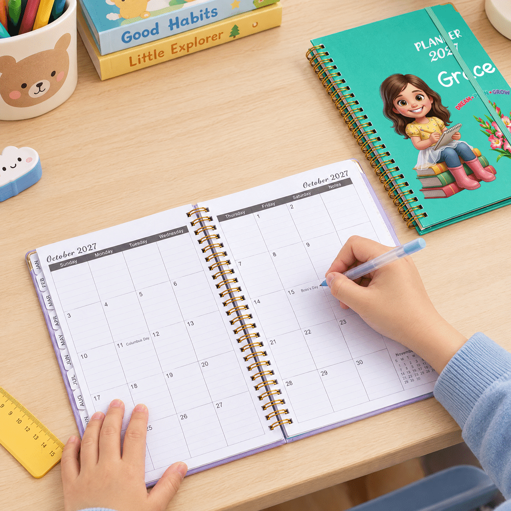 Personalized 3D-Effect Artwork Birth Flower Cartoon Character Photo 2027 Planner A5 Notebook with Name Birthday Office Gift for Students Art Workers 5