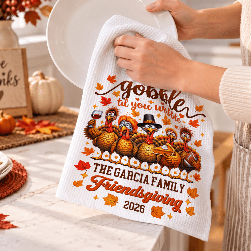Personalized Thanksgiving Turkey Pumpkin Pattern Super Absorbent Tea Towel with Text and Year Thanksgiving Day Housewarming Gift for Family Friend 4
