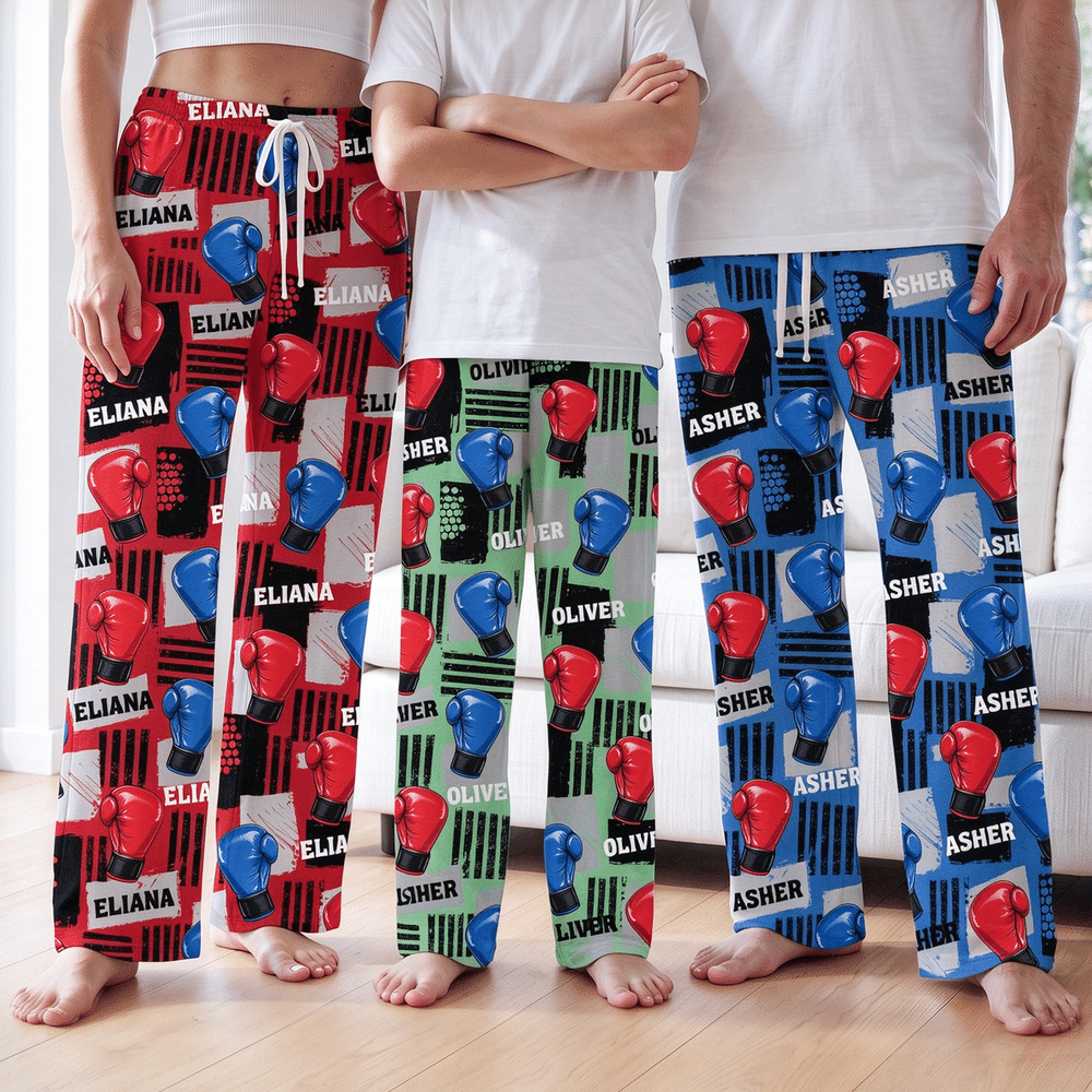 Personalized Multicolor Boxing Gloves Pattern Soft Pajama Pants with Name Daily Wear Christmas Gift for Family Friends Boxing Enthusiasts 5