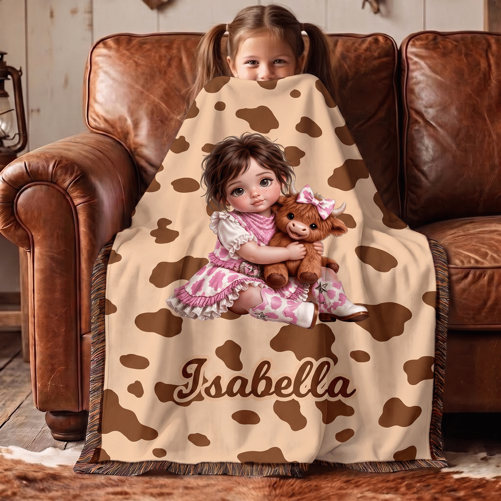 Personalized Cartoon Cowboy Cowgirl Photo Cow Print Tassel Soft Throw Blanket with Name Home Decor Birthday Christmas Gift for Boys Girls 5