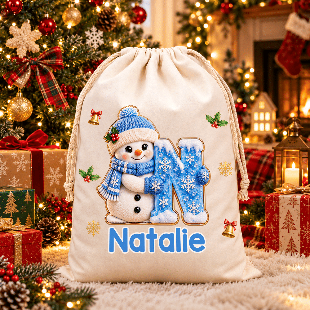 Personalized 3D-Style Artwork Christmas Theme Initial Large Canvas Drawstring Gift Bag with Name Christmas Party Holiday Gift for Kid Family 3
