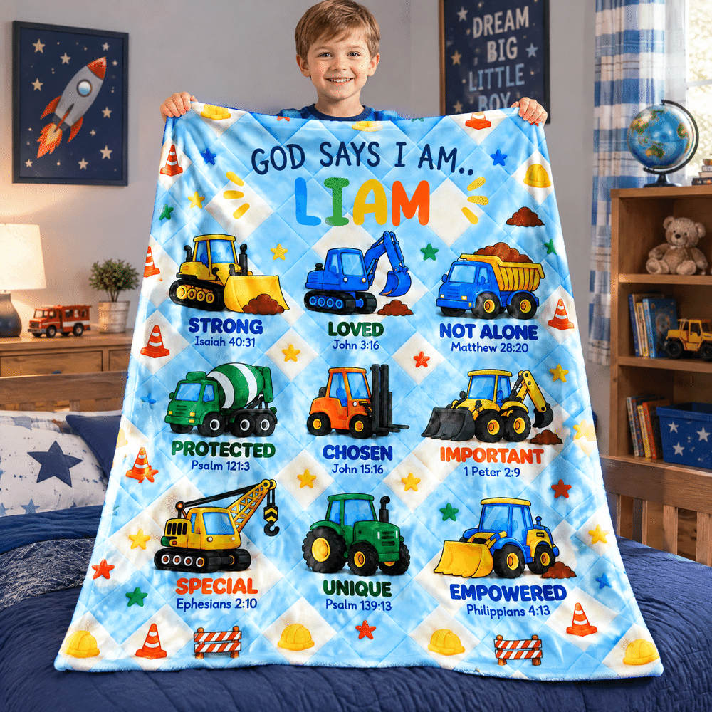 Personalised Multicolour Construction Vehicle & Bible Verse Soft Throw Blanket with Name Home Decor Christmas Gift for Kid Lorry Lover Christian 1