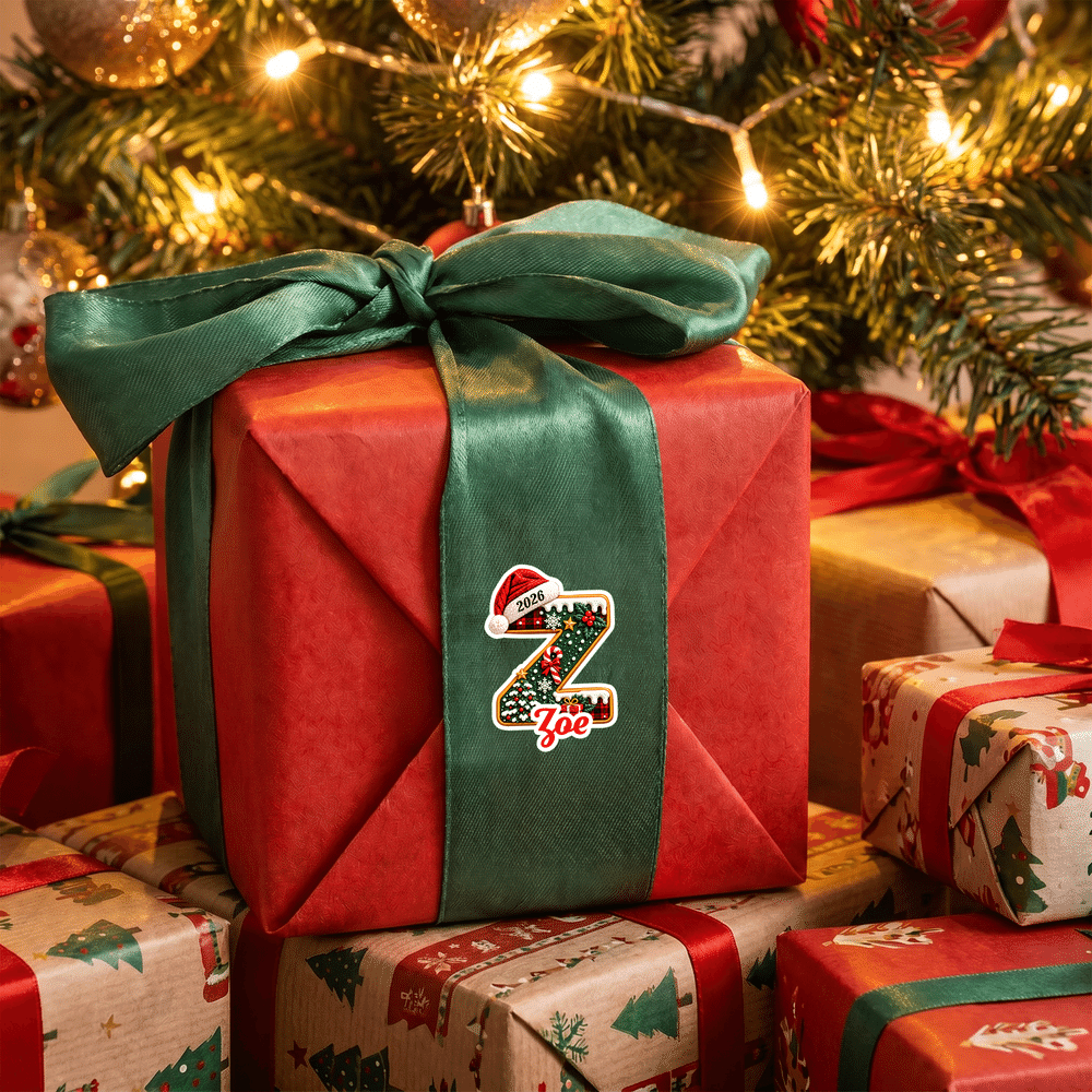 Pegatinas personalizadas para el árbol de Navidad con gorro de Papá Noel, copos de nieve e iniciales, con nombre y año. Decoración para regalos y fiestas navideñas. Regalo para niños, familiares y amigos. 2