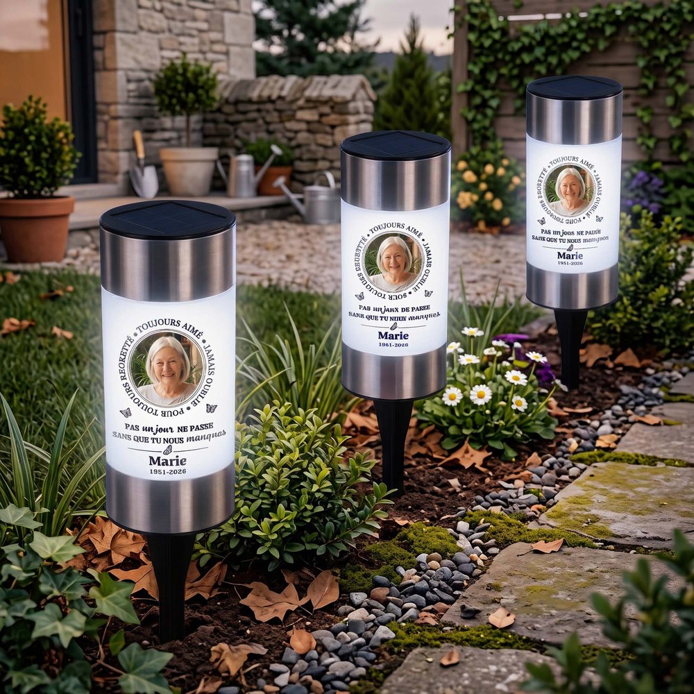 Lampe solaire de jardin personnalisée avec nom et date - Cadeau commémoratif pour la famille 4