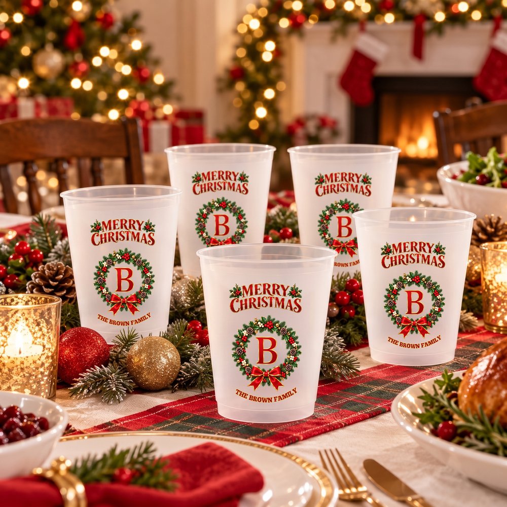 Personalized Christmas Wreath Design Plastic Cups with Initial and Text Set of 10 Family Gathering Christmas Party Gift for Family Friends 5