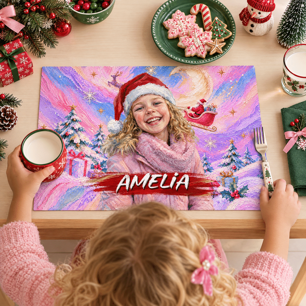 Personalized Christmas Theme Oil Painting Style Character Photo Placemat with Name Kitchen Dining Decor Christmas Gift for Friends Family 5