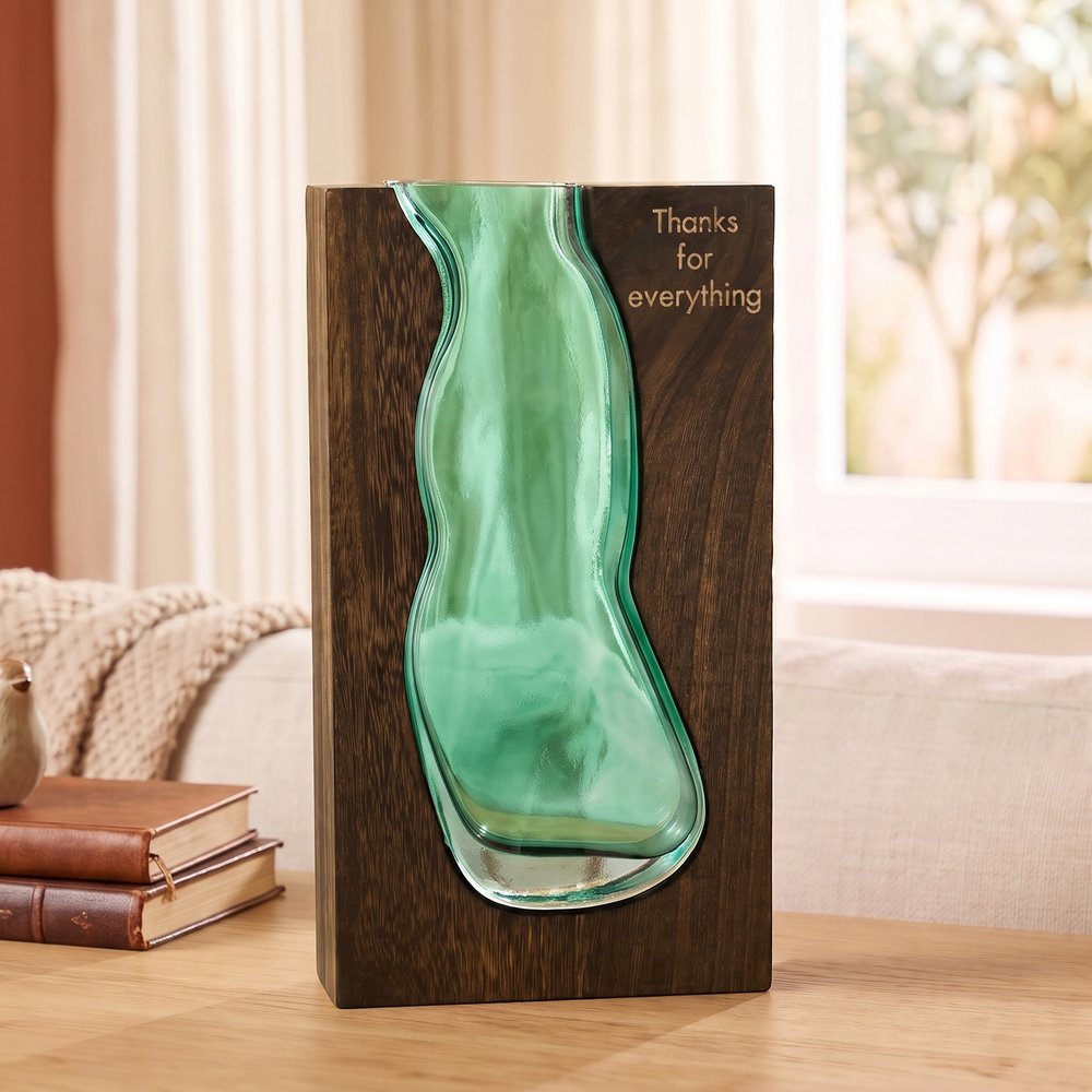 Gepersonaliseerde, artistieke vaas van groen, golvend glas met houtnerfmotief en gegraveerde naam – woondecoratie, cadeau voor een jubileum of verjaardag voor mama of oma 7