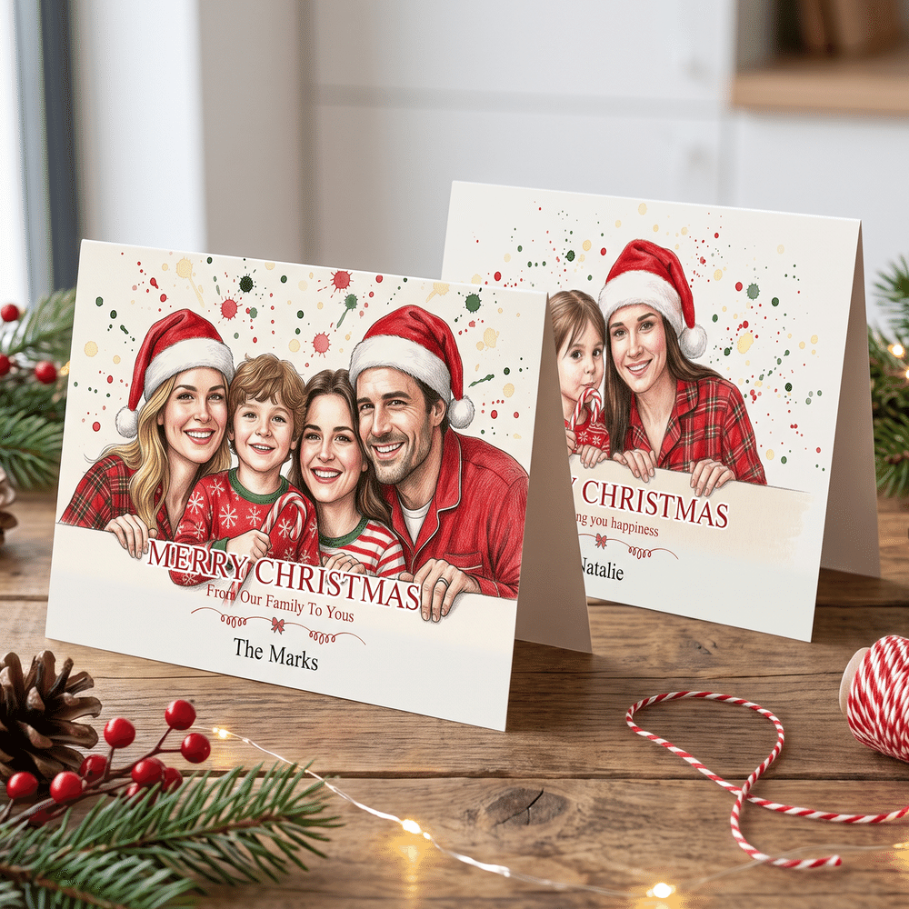Personalized Merry Christmas Hand-Drawn Style Character Photo Greeting Card with Text Christmas Gift for Friends Family 3