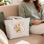 Sac fourre-tout en velours côtelé personnalisé avec initiale nacrée et fleur de naissance, avec prénom : cadeau d'anniversaire ou de Noël pour un usage quotidien, destiné à la famille, aux amis et aux femmes 3