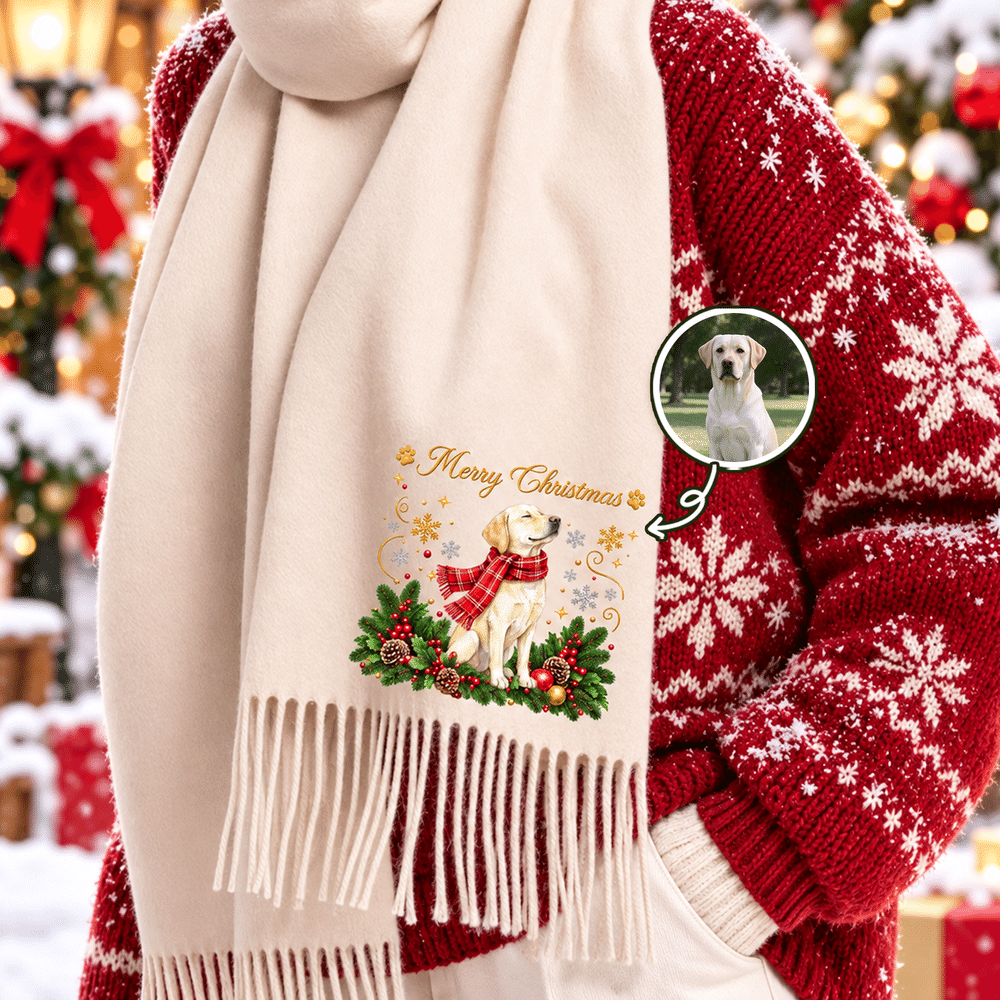 Personalized Christmas Theme Pet Photo Soft Warm Tassel Scarf Shawl with Title Winter Accessory Christmas Gift for Women Pet Owner 1