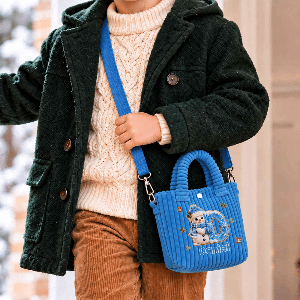 Personalized 3D-Style Art Santa Snowman Christmas Corduroy Crossbody Handbag with Name and Initial Christmas Gift for Boys Girls Family 3